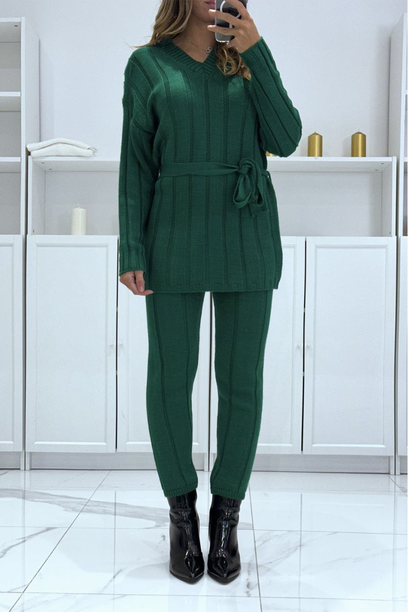 Set of v-neck sweater with belt and green knit pants, very warm for winter - 2