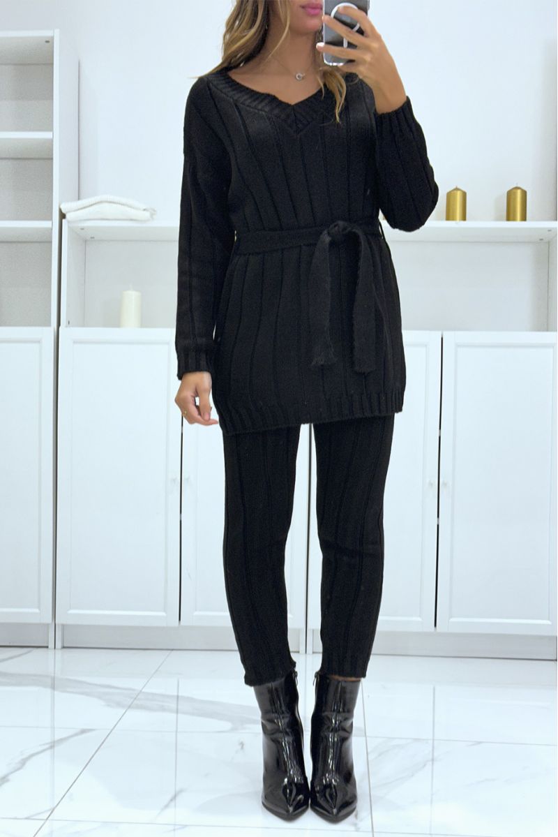 Ensemble pull col v à ceinture et pantalon noir en tricot, très chaud pour l'hiver - 2