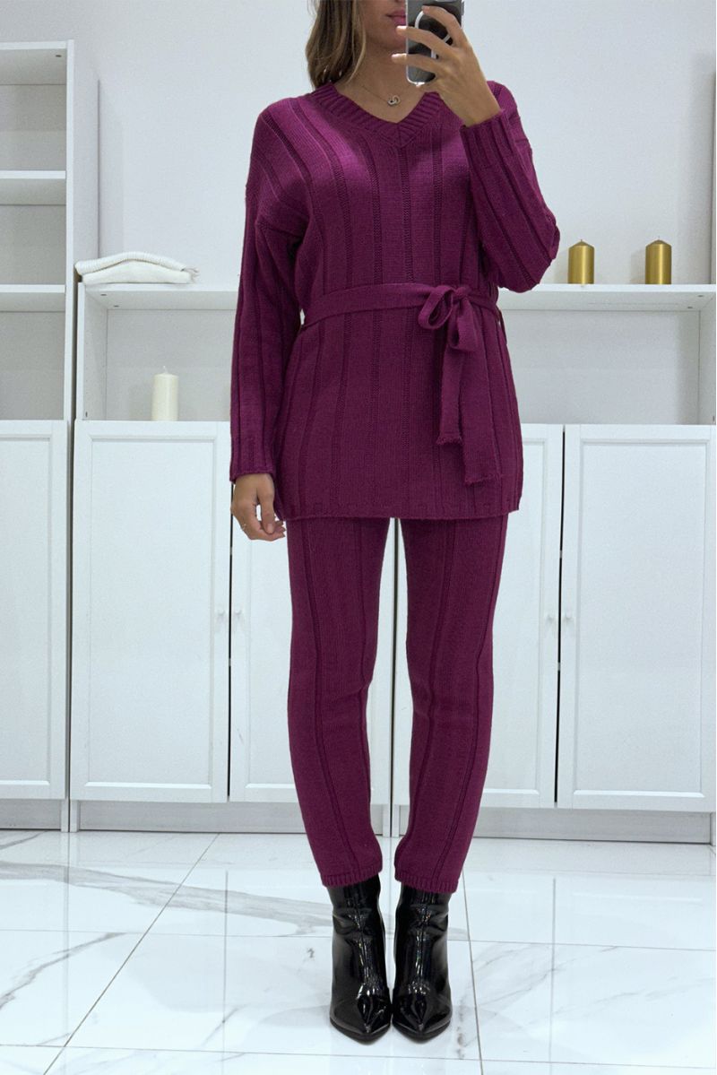 Ensemble pull col v à ceinture et pantalon prune en tricot, très chaud pour l'hiver - 1
