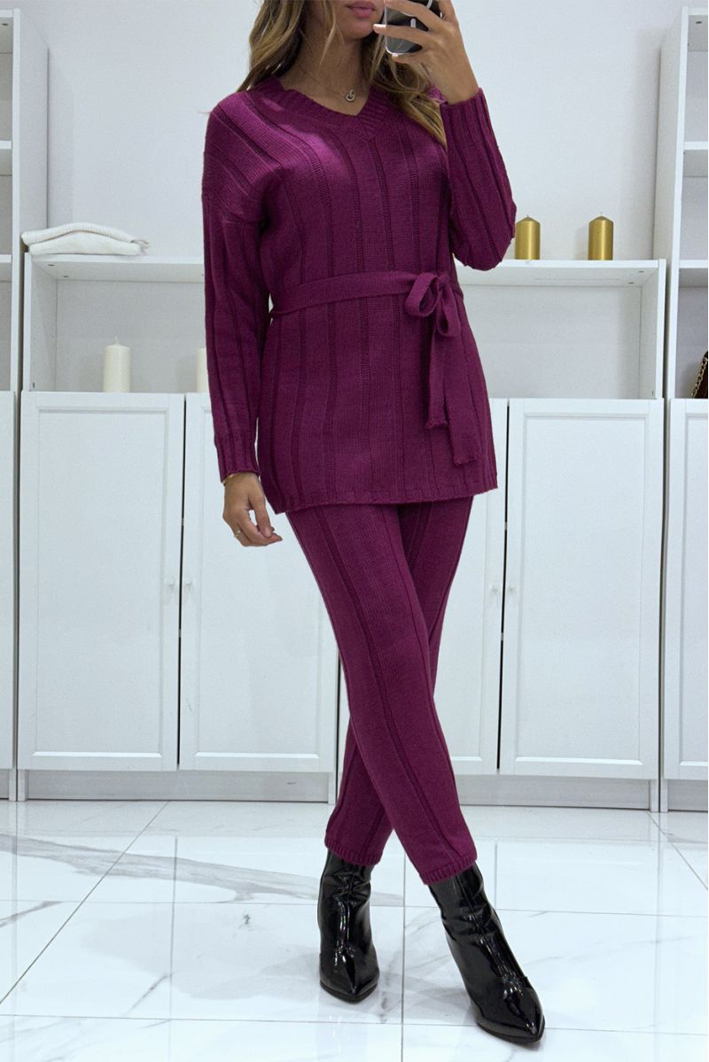 Set of v-neck sweater with belt and plum knit pants, very warm for winter - 2