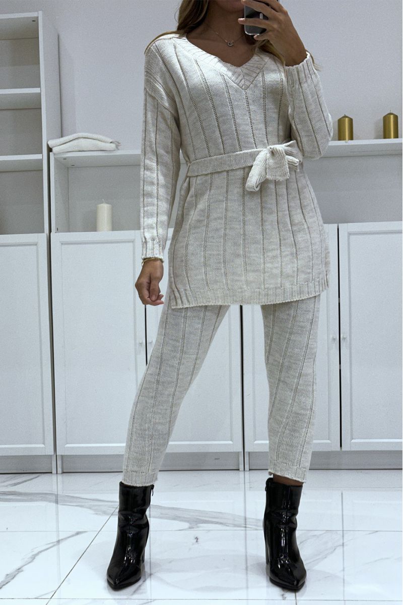 Ensemble pull col v à ceinture et pantalon beige en tricot, très chaud pour l'hiver - 2
