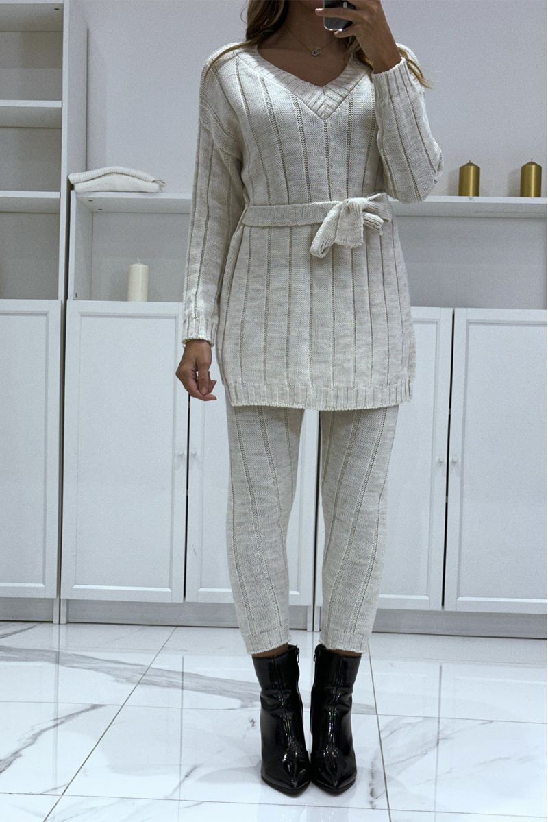 Ensemble pull col v à ceinture et pantalon beige en tricot, très chaud pour l'hiver - 3