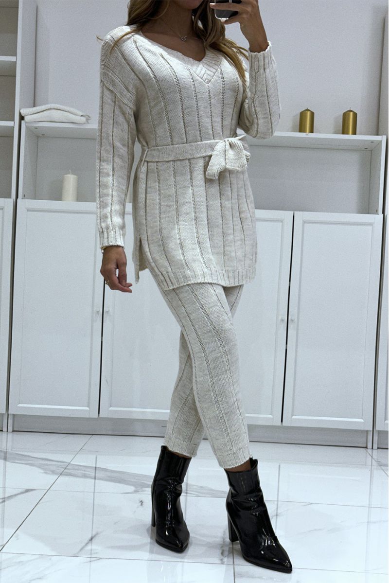 Set of v-neck sweater with belt and beige knit pants, very warm for winter - 4