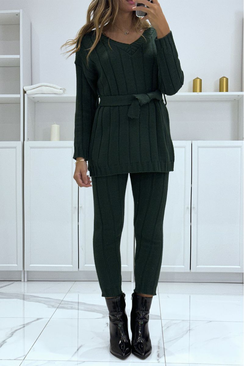 Set of v-neck sweater with belt and fir green knit pants, very warm for winter - 1