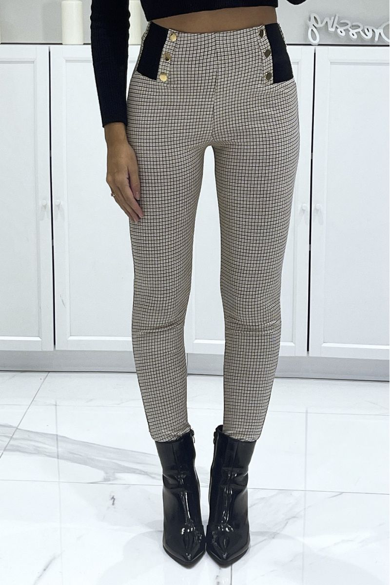 Beige stretch cigarette pants with houndstooth pattern, high waist with elastic and golden buttons - 1