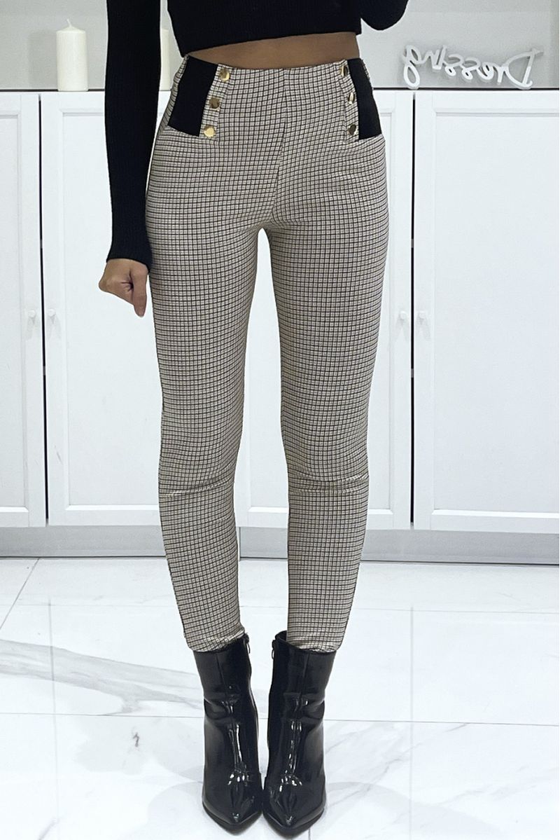 Beige stretch cigarette pants with houndstooth pattern, high waist with elastic and golden buttons - 2