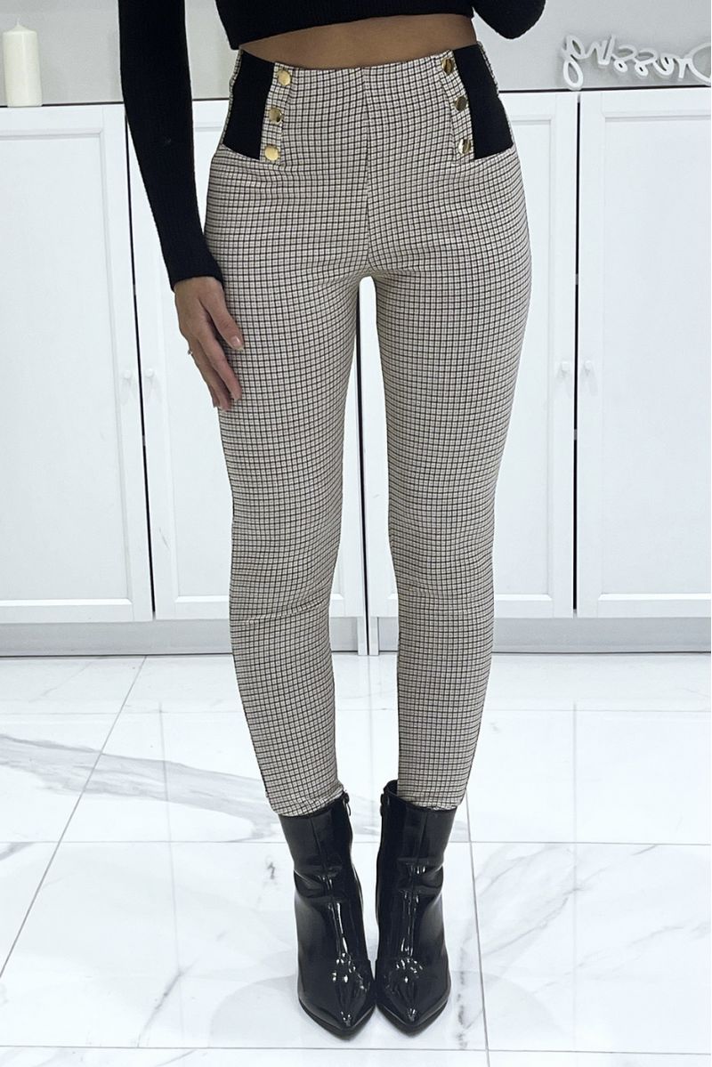 Beige stretch cigarette pants with houndstooth pattern, high waist with elastic and golden buttons - 3