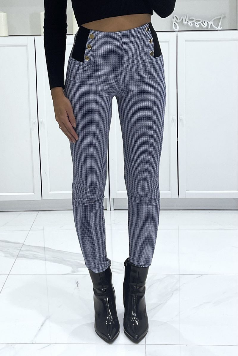 Royal stretch cigarette pants with houndstooth pattern, high waist with elastic and golden buttons - 1