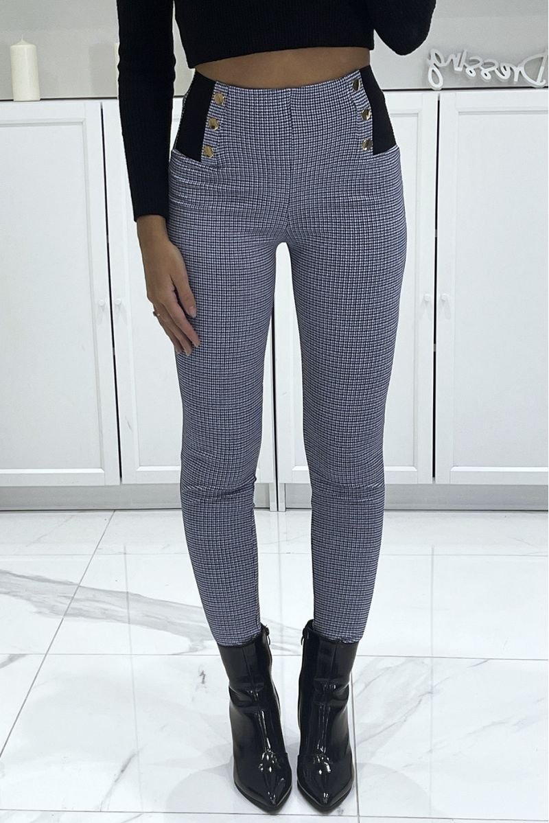 Royal stretch cigarette pants with houndstooth pattern, high waist with elastic and golden buttons - 3
