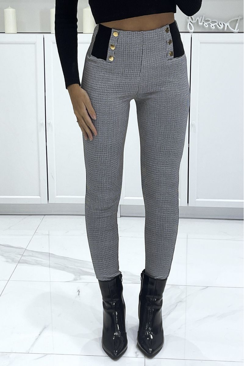 Black stretch cigarette pants with houndstooth pattern, high waist with elastic and golden buttons - 1