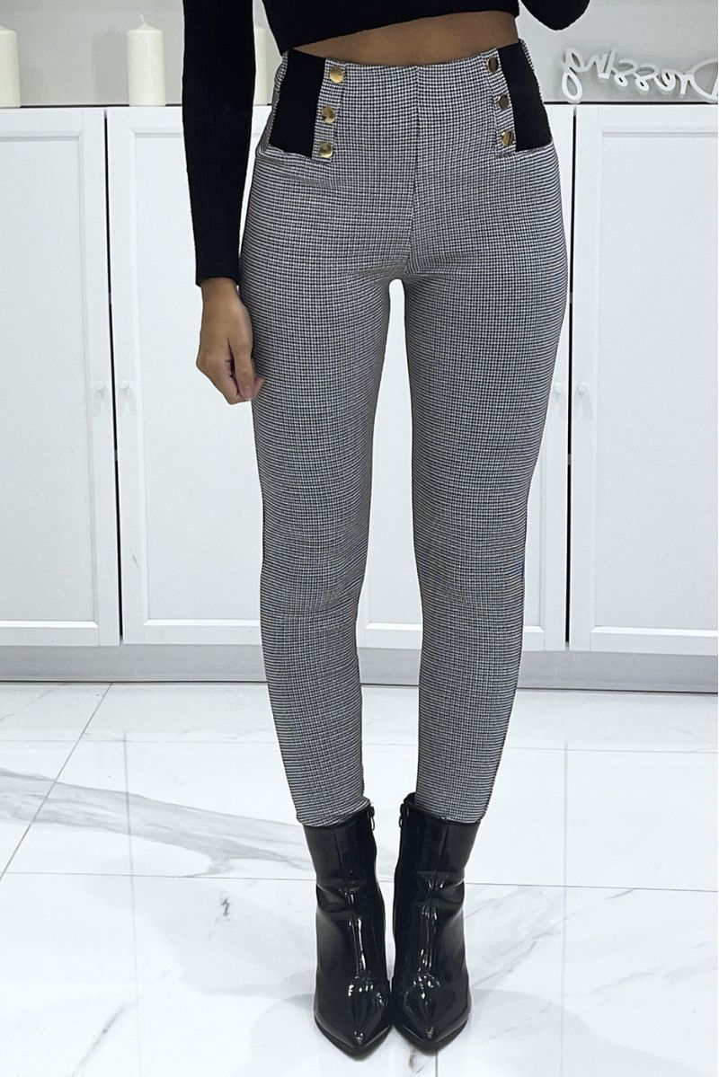 Black stretch cigarette pants with houndstooth pattern, high waist with elastic and golden buttons - 2