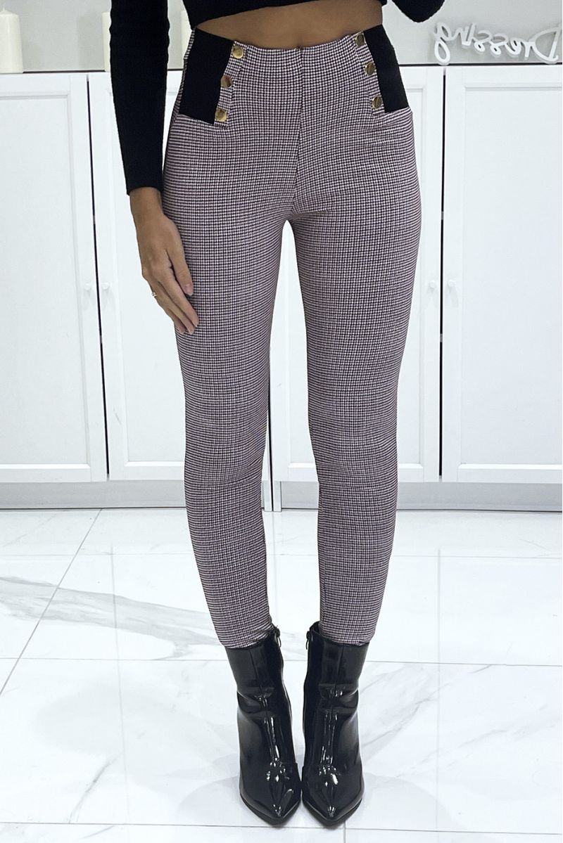 Stretch burgundy cigarette pants with houndstooth pattern, high waist with elastic and gold buttons - 1
