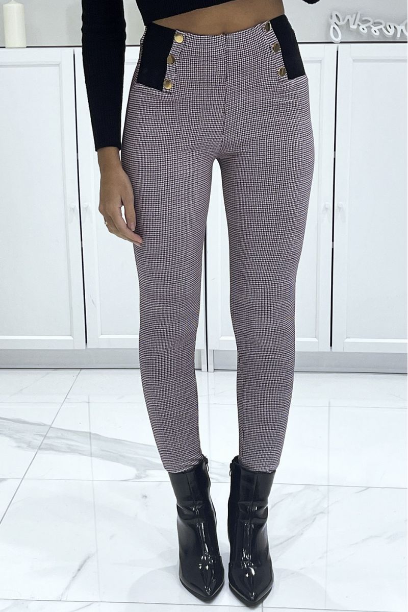 Stretch burgundy cigarette pants with houndstooth pattern, high waist with elastic and gold buttons - 2