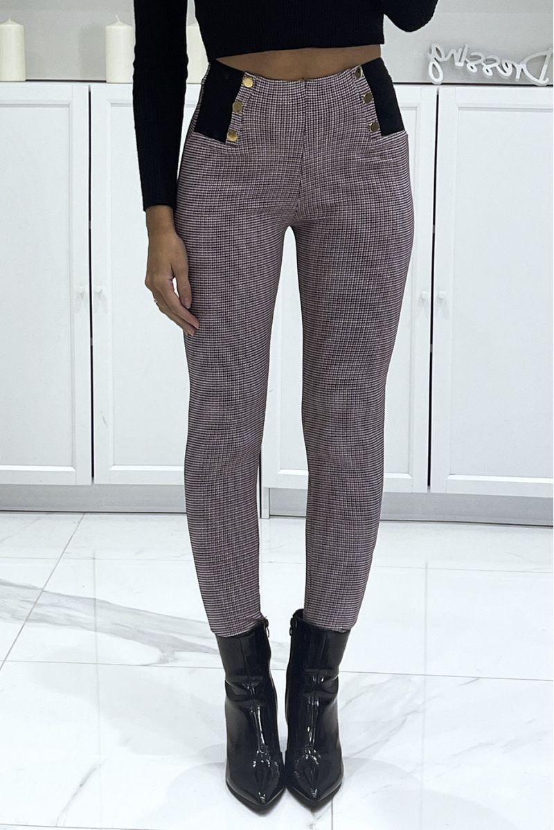 Stretch burgundy cigarette pants with houndstooth pattern, high waist with elastic and gold buttons - 3