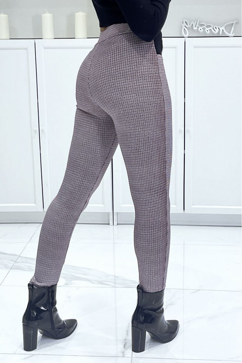 Stretch burgundy cigarette pants with houndstooth pattern, high waist with elastic and gold buttons - 4