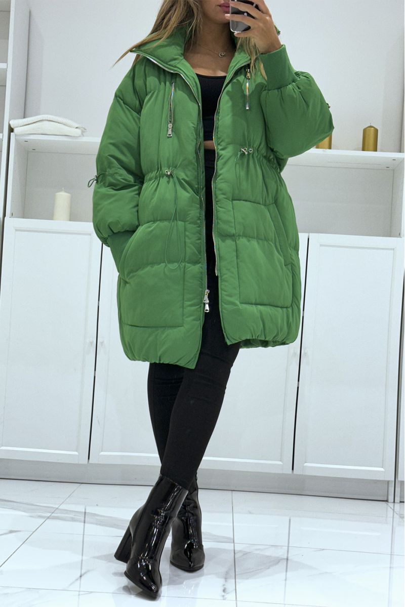 Green parachute style puffer jacket with large collar and drawstring   - 1