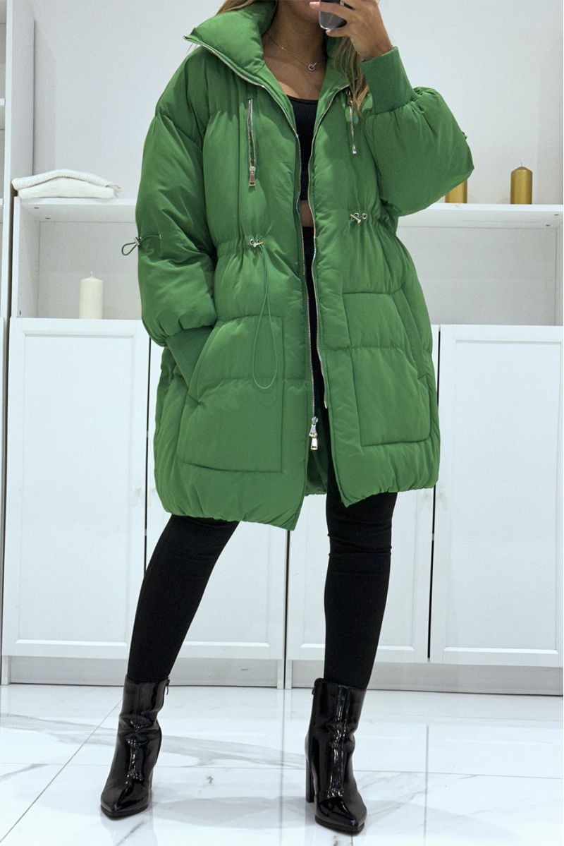 Green parachute style puffer jacket with large collar and drawstring   - 2