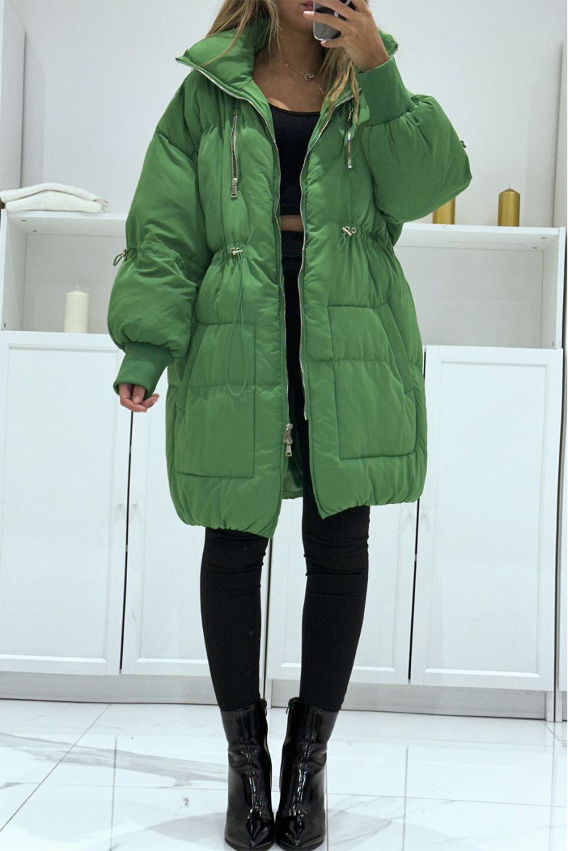 Green parachute style puffer jacket with large collar and drawstring   - 3