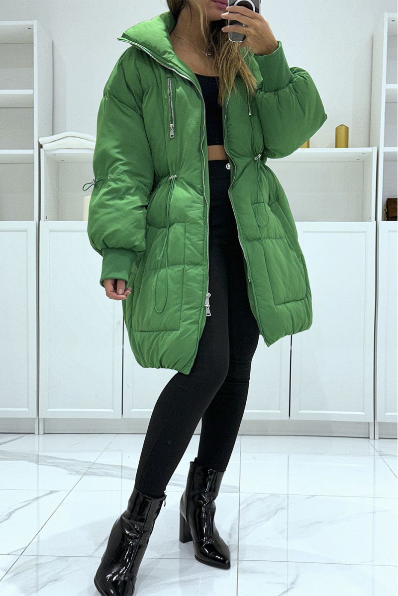 Green parachute style puffer jacket with large collar and drawstring   - 5