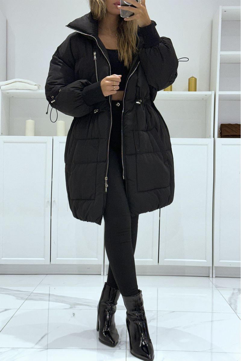 Black parachute style puffer jacket with large collar and drawstring - 1
