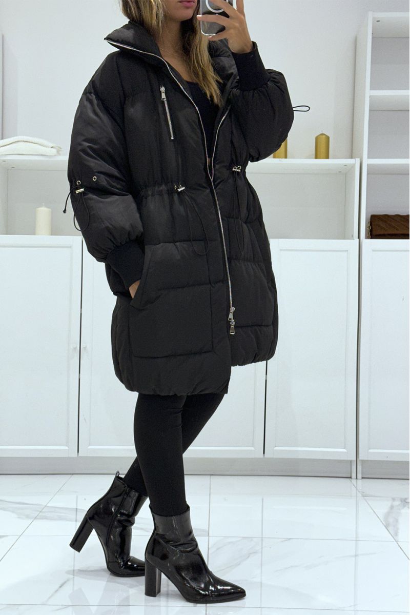 Black parachute style puffer jacket with large collar and drawstring - 2