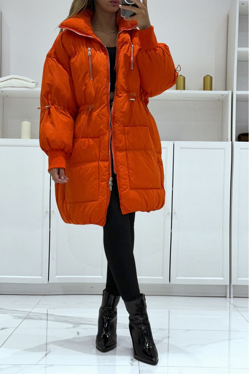 Orange parachute style down jacket with large collar and drawstring   - 1