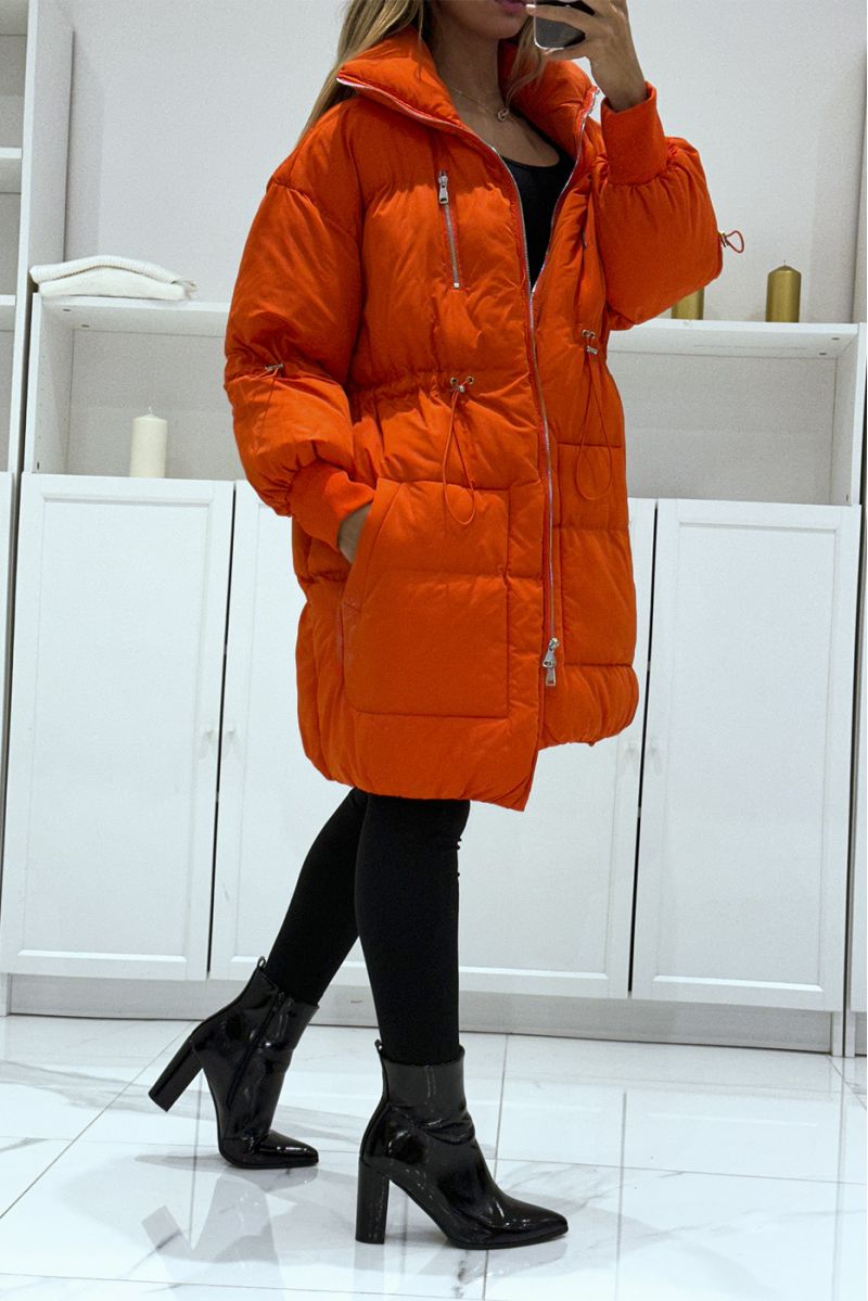 Orange parachute style down jacket with large collar and drawstring   - 3