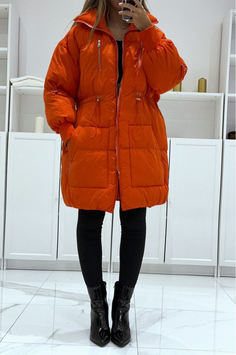 Orange parachute style down jacket with large collar and drawstring   - 6