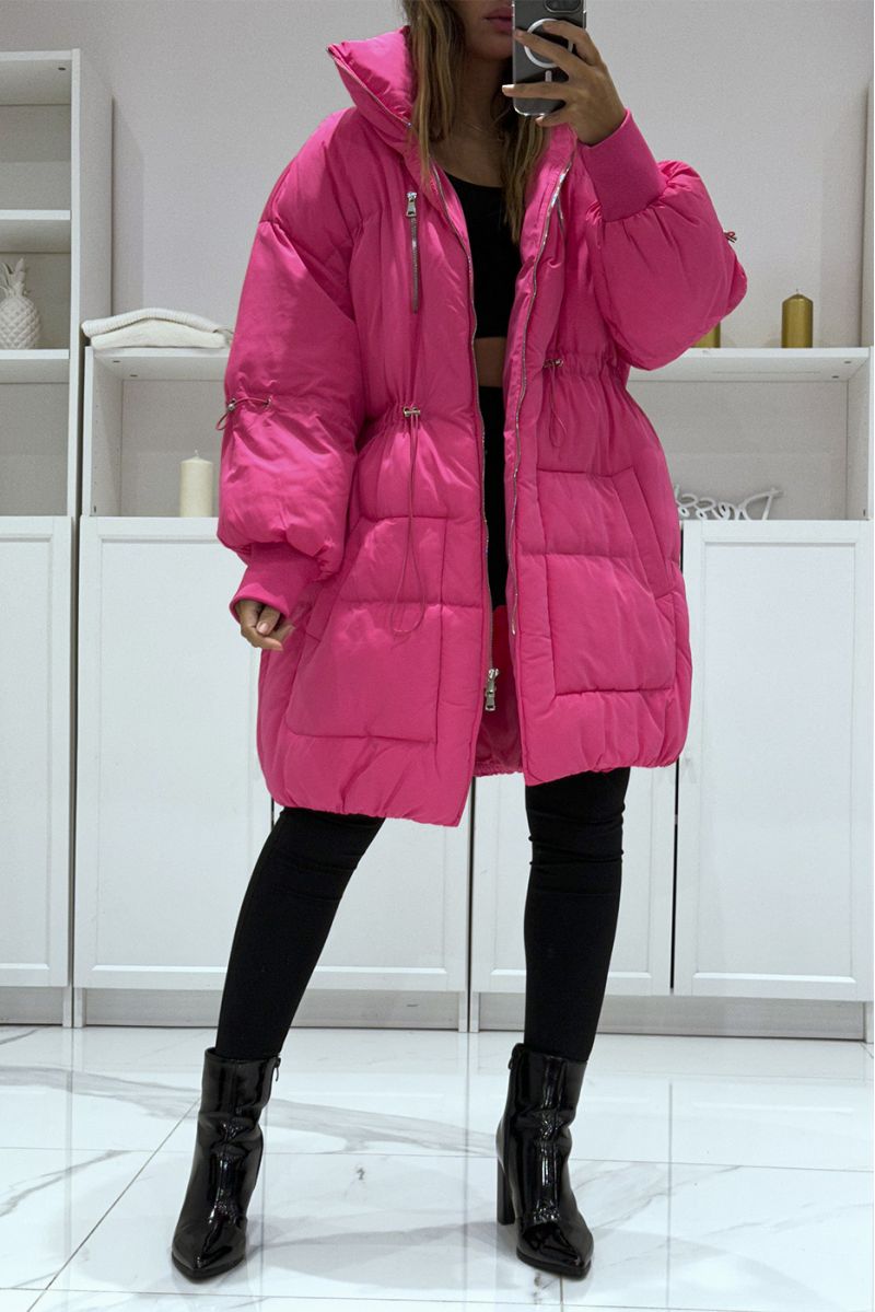 Fuchsia parachute-style padded jacket with large collar and drawstring - 1