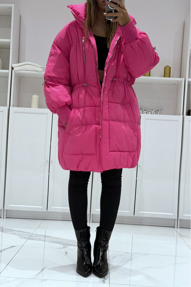 Fuchsia parachute-style padded jacket with large collar and drawstring - 2