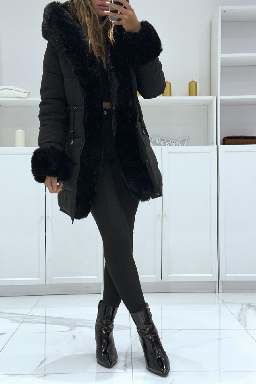Long black coat with ultra soft fur and big Russian effect hood  - 1
