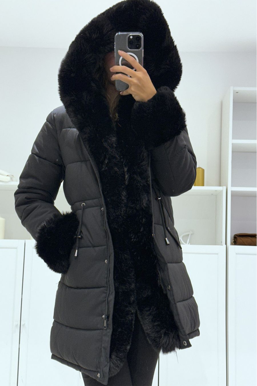 Long black coat with ultra soft fur and big Russian effect hood