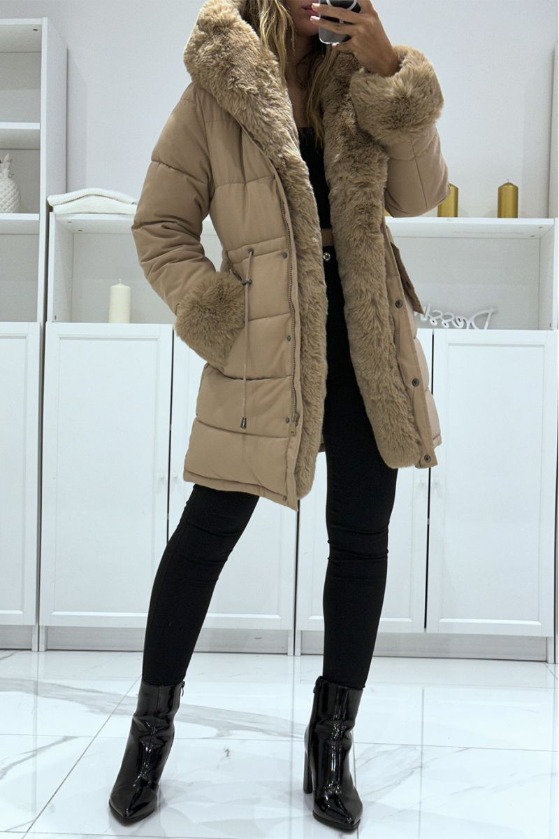 Camel coat with fur hood online