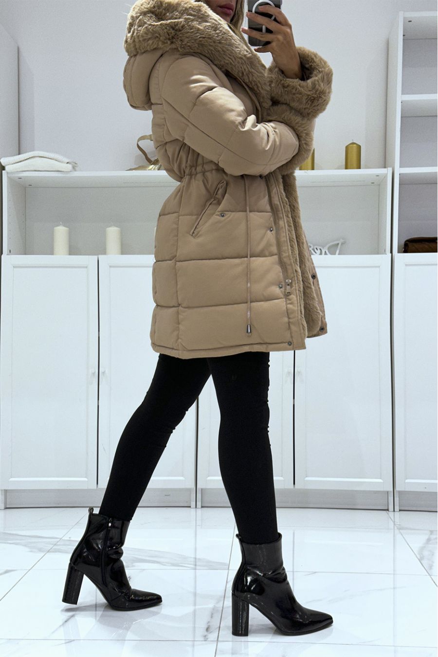 Lange kameeljas met ultrazachte vacht en grote capuchon met Russisch effect  - 3