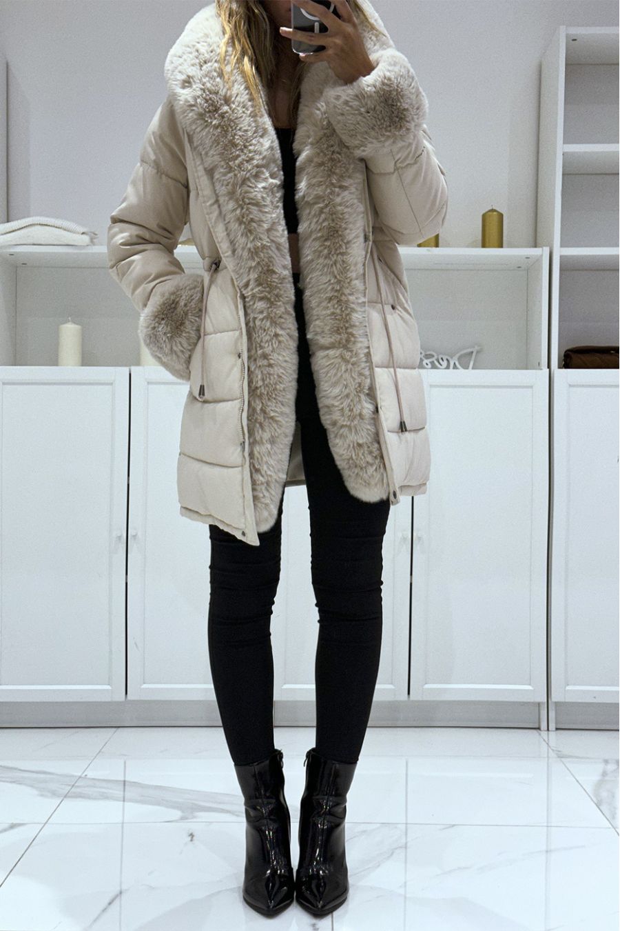 Long beige coat with ultra soft fur and large Russian effect hood - 1