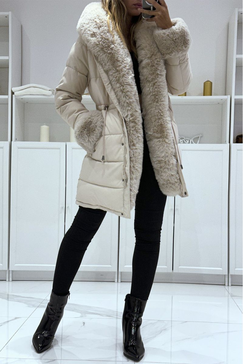 Long beige coat with ultra soft fur and large Russian effect hood - 2