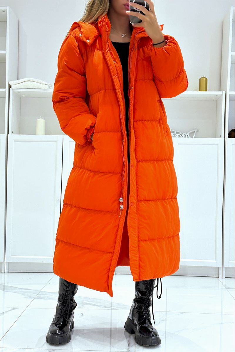 Longue doudoune orange à capuche style New-York - 1