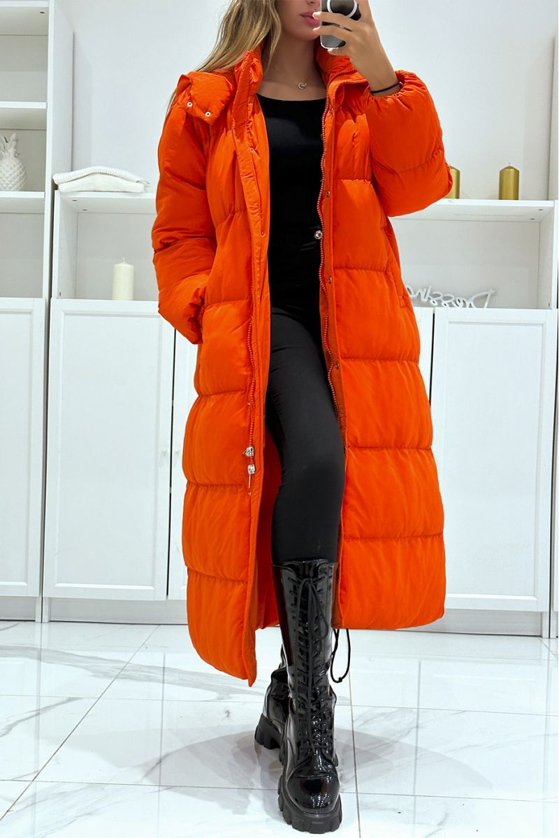 Long orange down jacket with New York style hood - 2