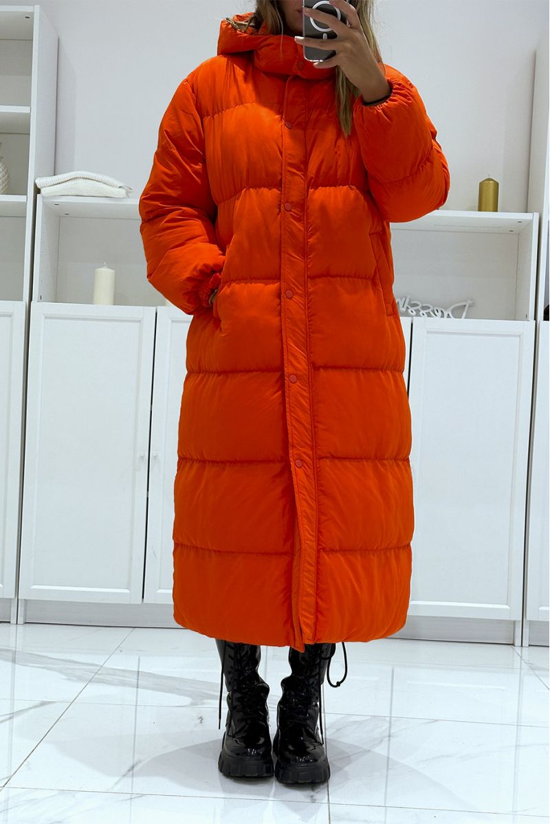 Longue doudoune orange à capuche style New-York - 3