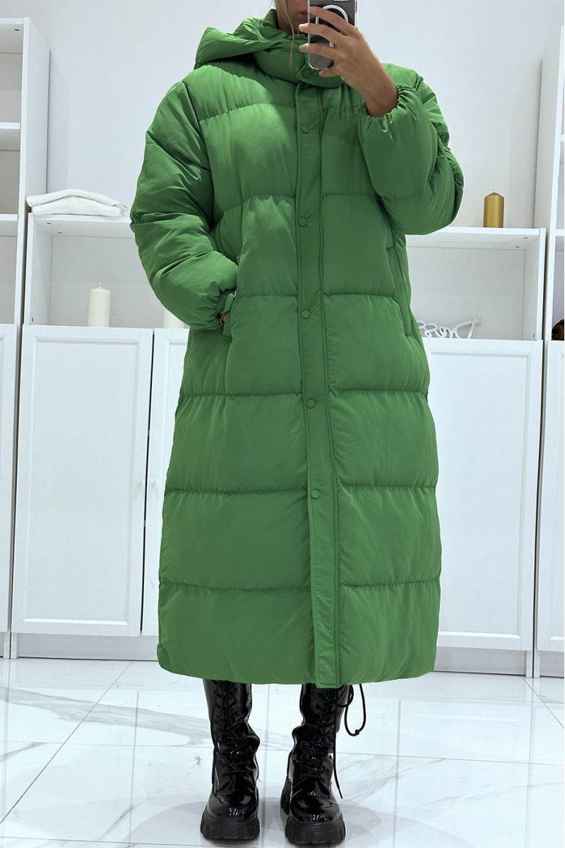 Long green down jacket with New York style hood