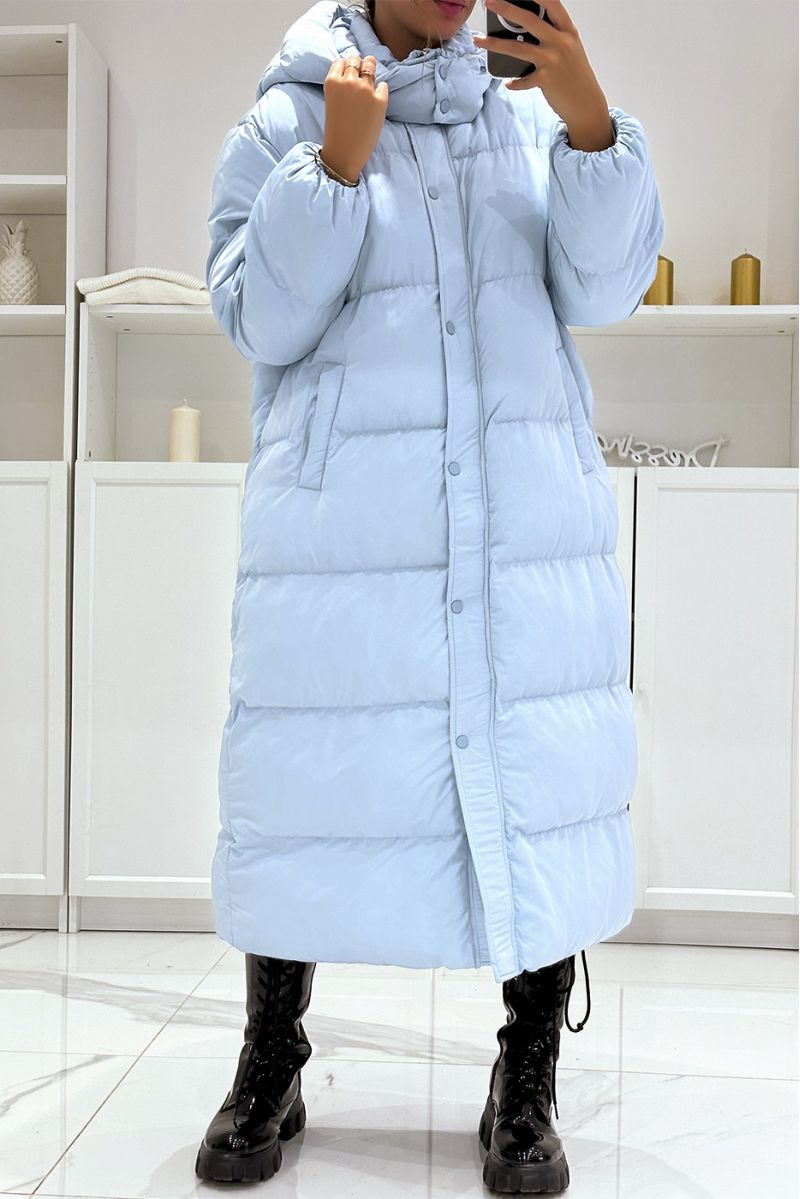Long turquoise down jacket with New York style hood - 6