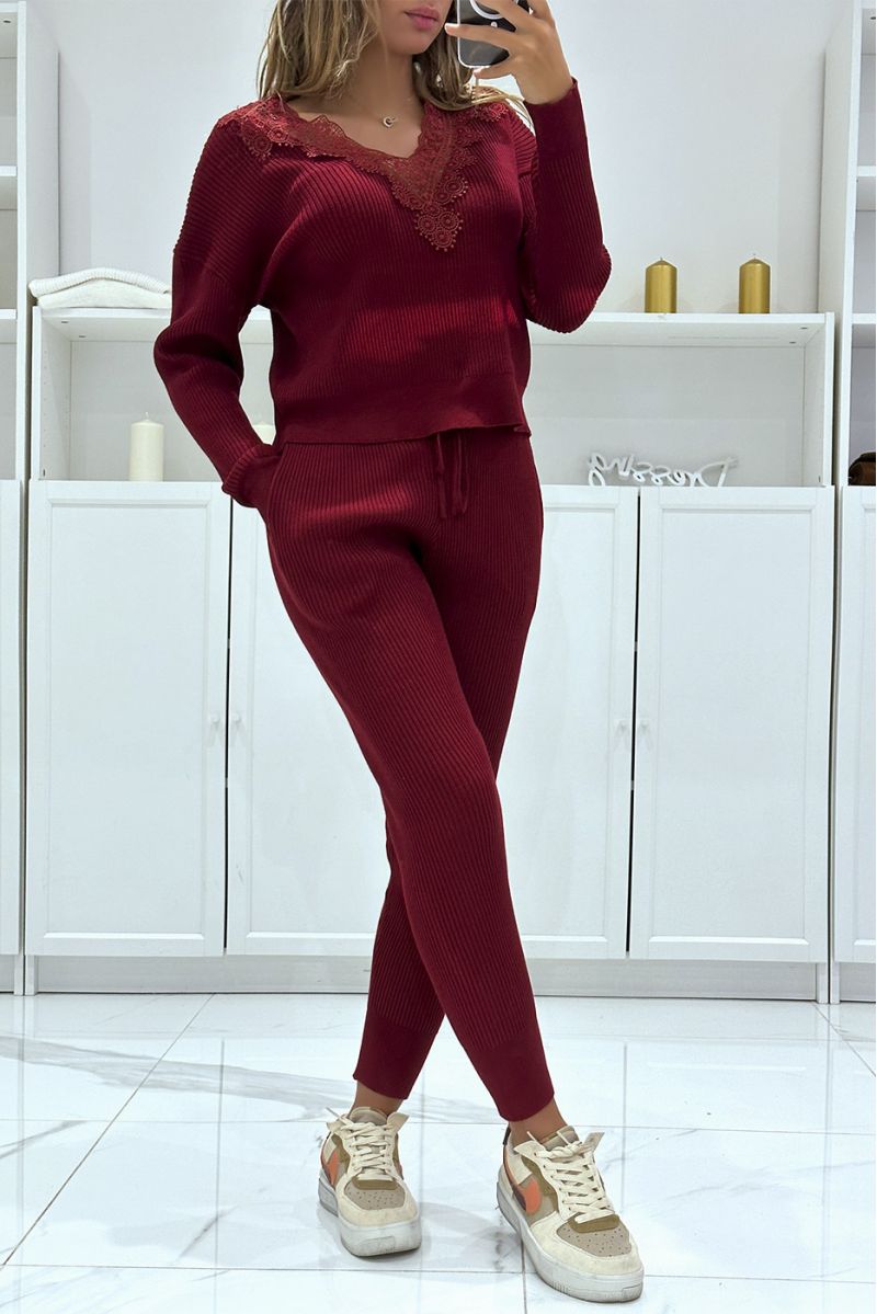 Burgundy fine knit ribbed plunging neck lace top and pants set - 1 Burgundy fine knit ribbed plunging neck lace top and pants set - 1