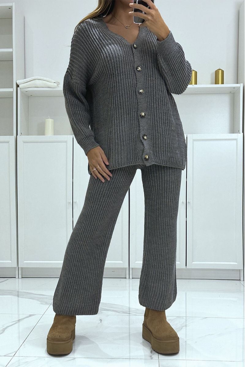 Ensemble gilet long et pantalon anthracite en tricot, très chaud pour l'hiver - 4