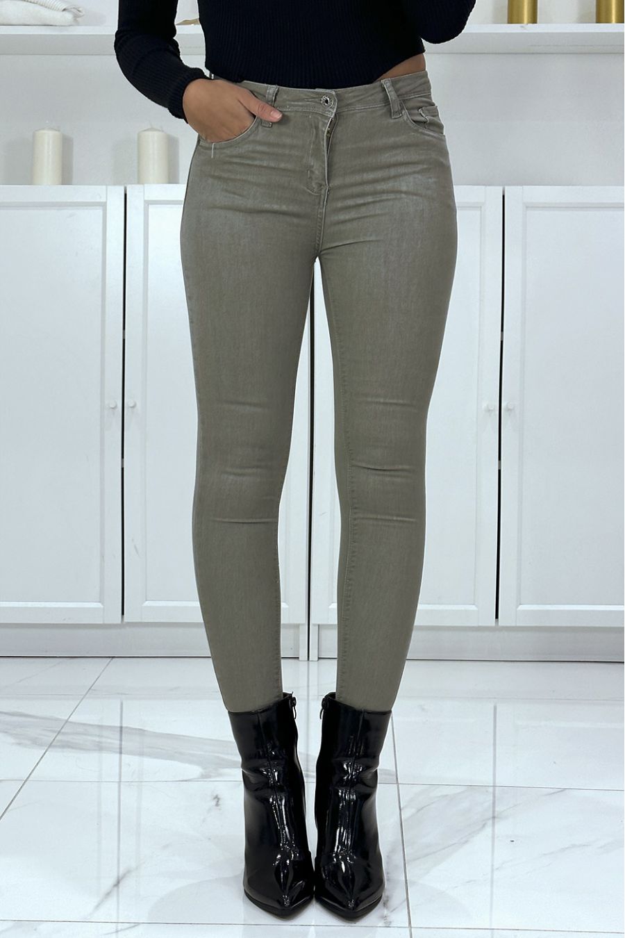 Stretch kaki slim jeans met ritssluiting en zakken - 3