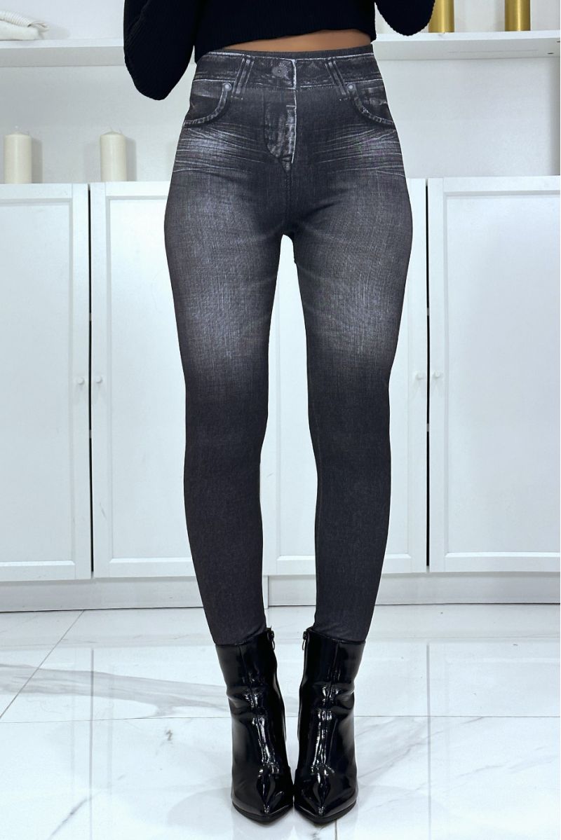 Black high-waisted fleece leBging with faded denim pattern - 1