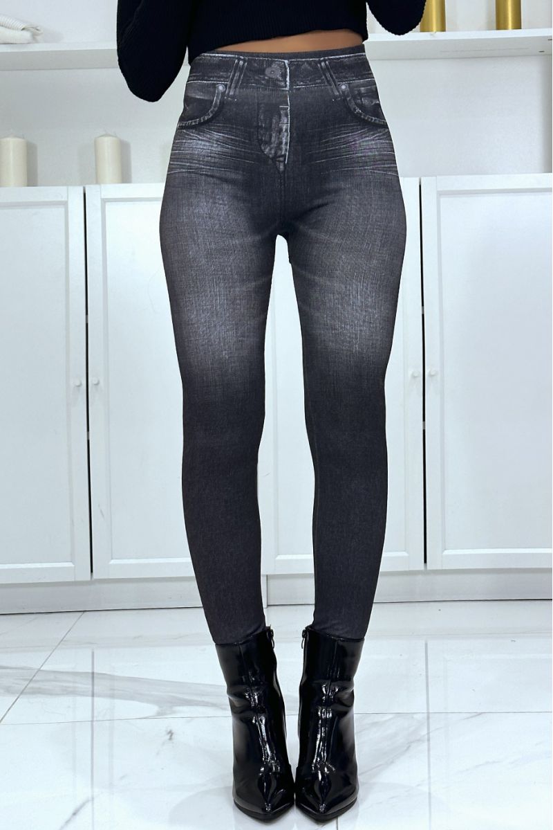 Black high-waisted fleece leBging with faded denim pattern - 3