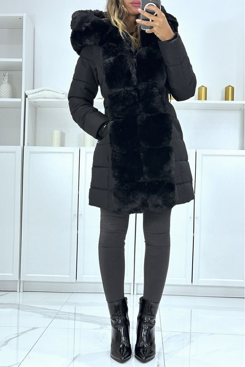 Black parka with big hood and fur belt, Russian style - 1