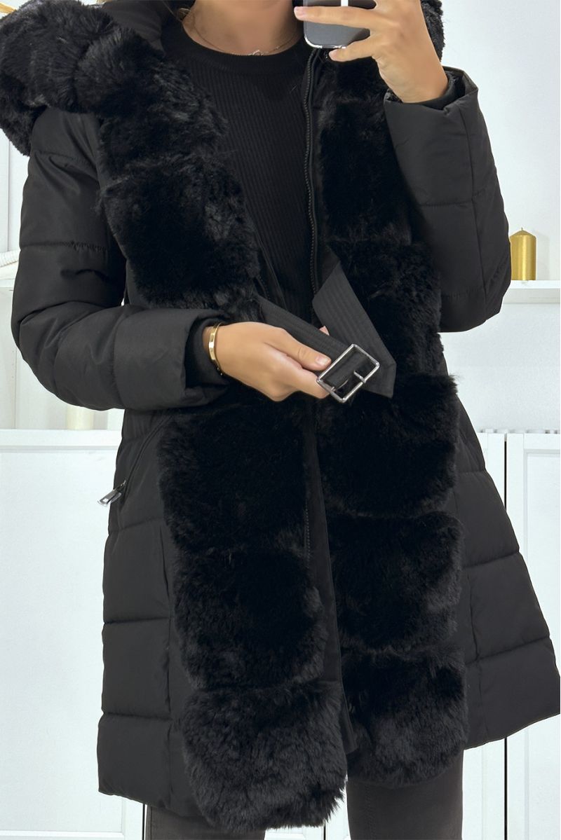 Parka noir avec ceinture à grosse capuche et fourrure, style russe - 3