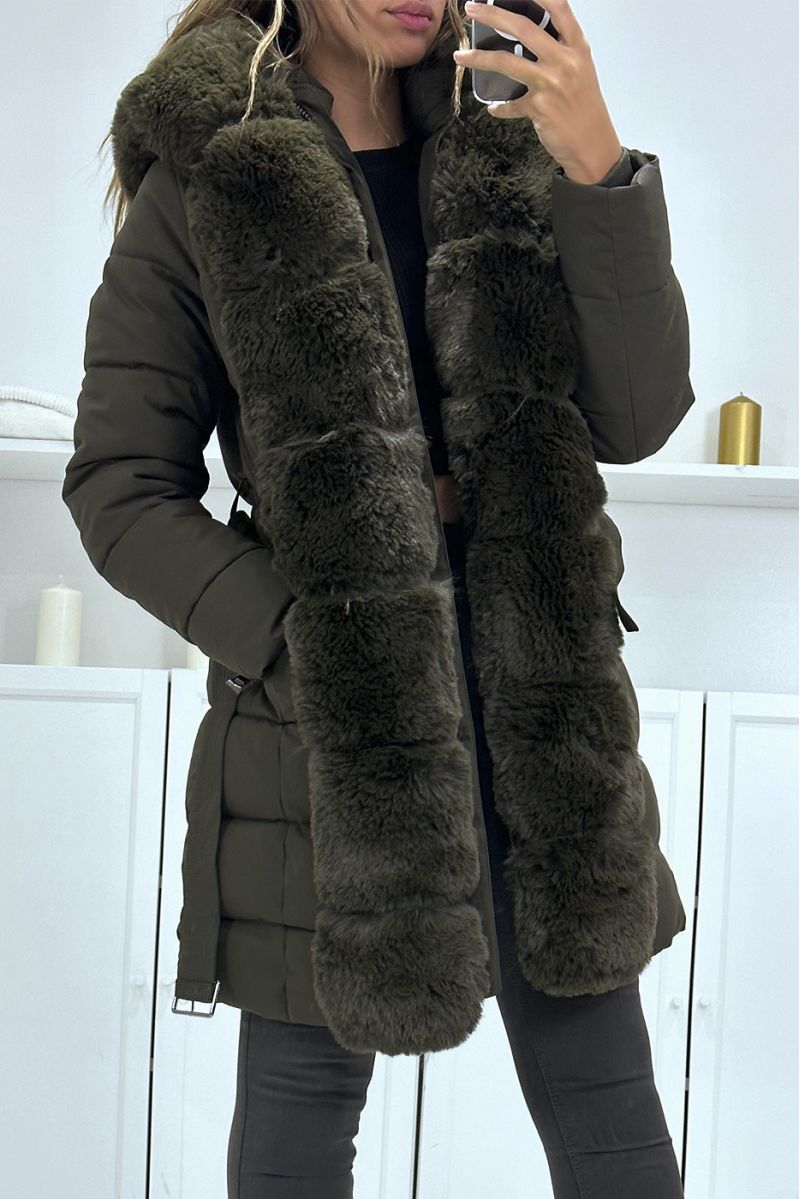 Kaki parka met grote capuchon en riem van bont, Russische stijl - 1