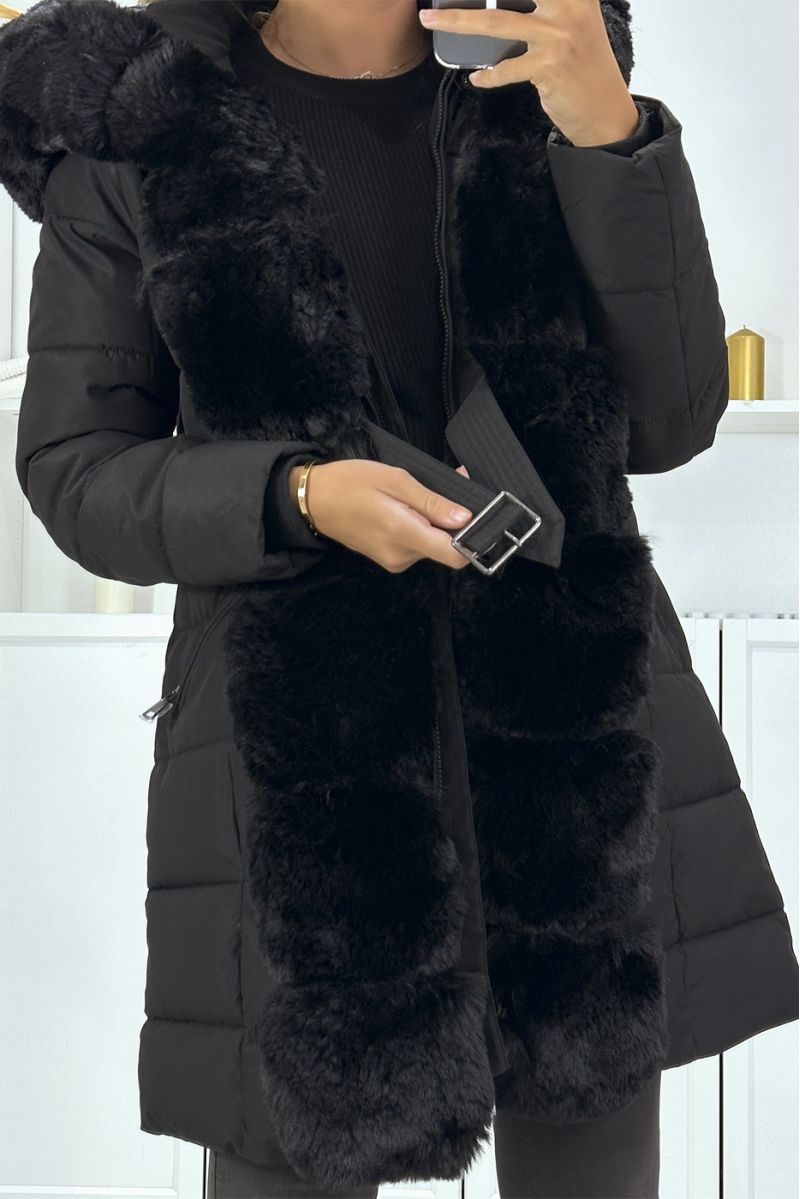 Grande taille : Parka noir avec ceinture à grosse capuche et fourrure, style russe - 3